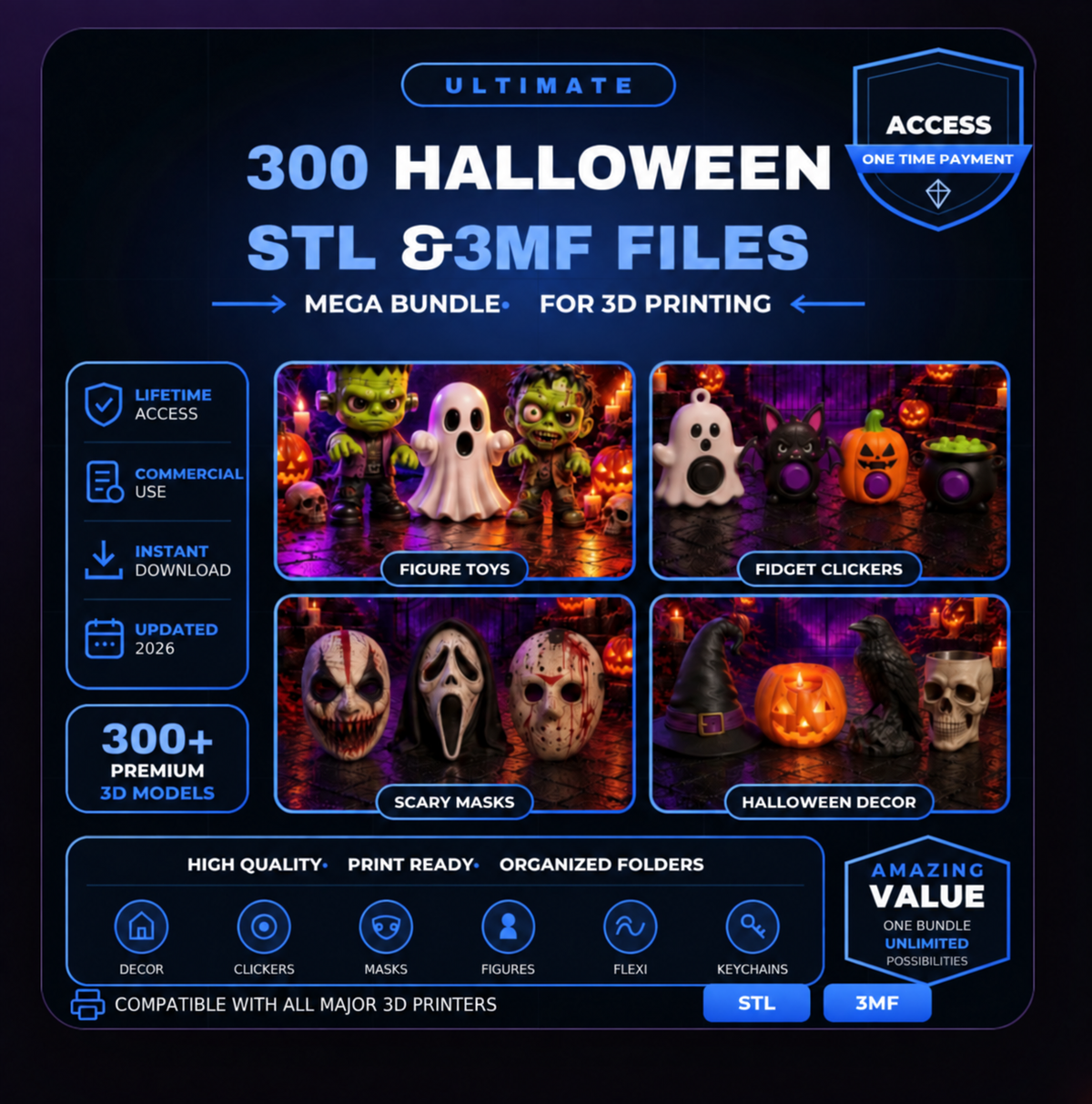 300 Halloween STL and 3MF files bundle for 3D printing